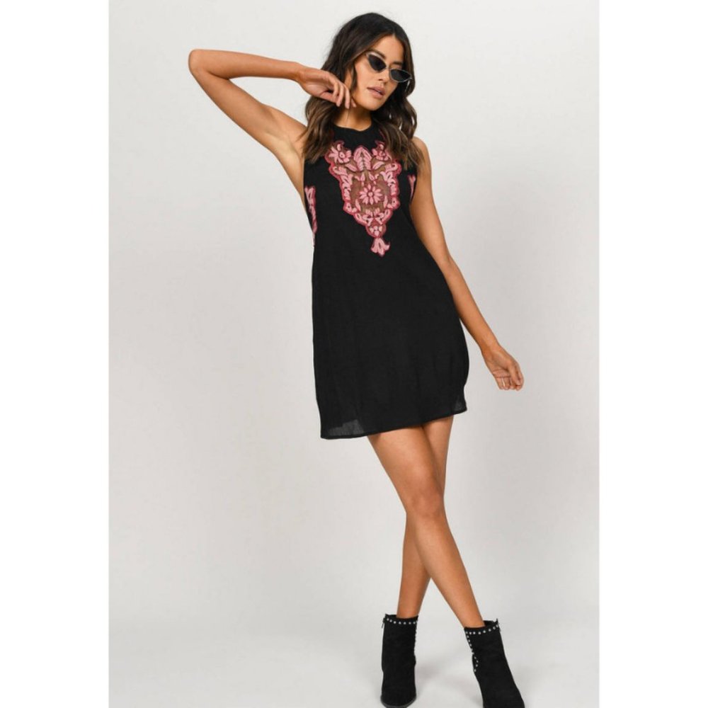 TOBI Black Open Back Embroidered Shift Dress